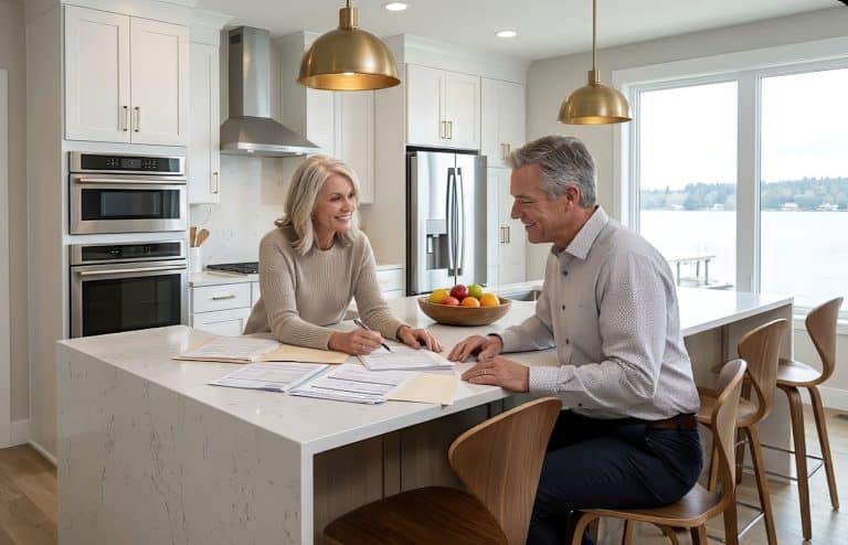 Couple reviewing new home paperwork in kitchen